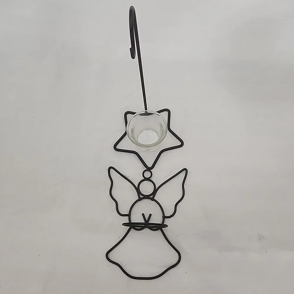 Angel Shaped Hanging Black Metal With Glass Votive Cup Holder And Hanging Stand